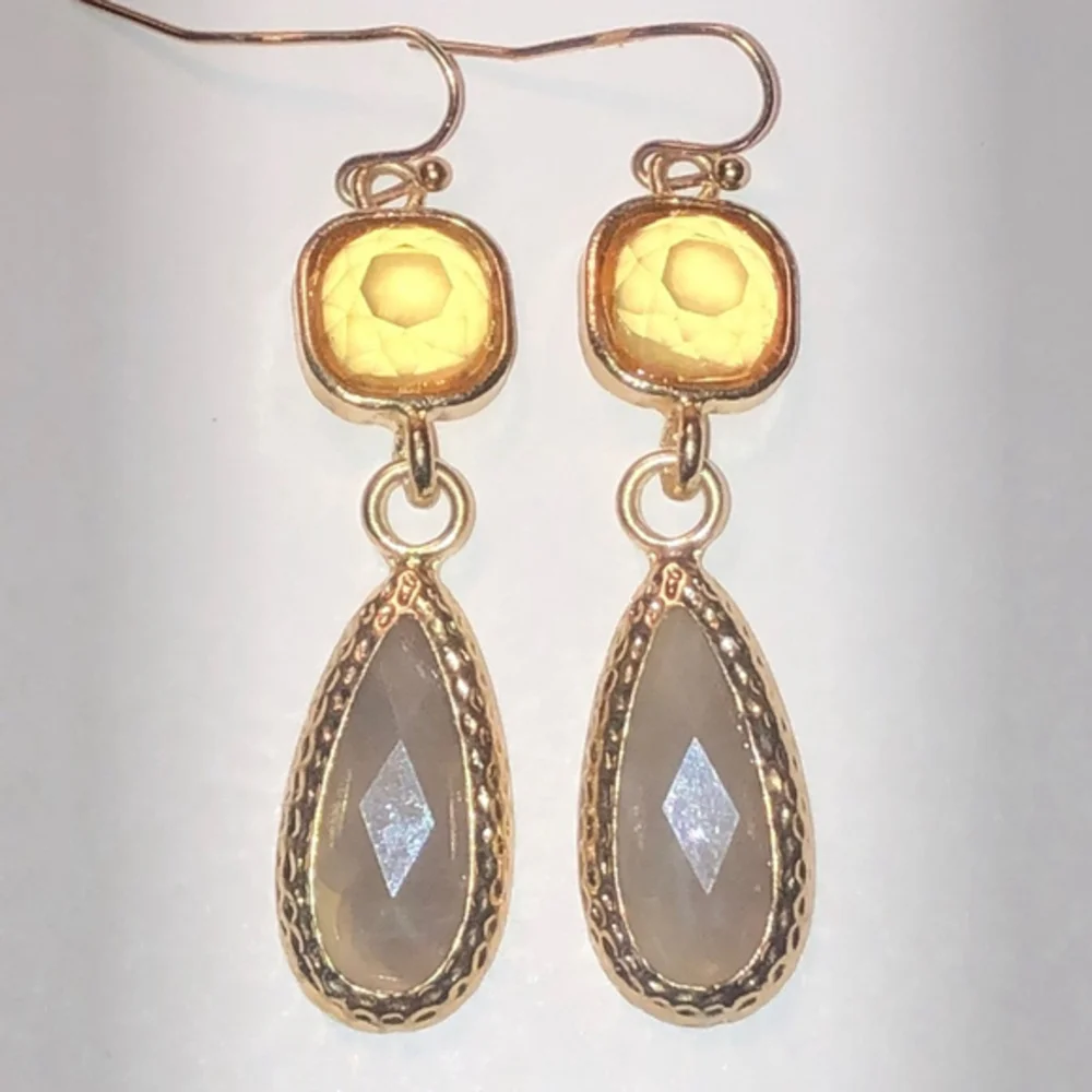 Gold Tone Yellow Rhinestone Neutral Boho Dangling Earrings